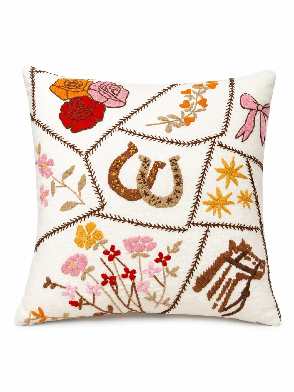 Embroidered Horse & Horseshoe Floral Throw Pillow